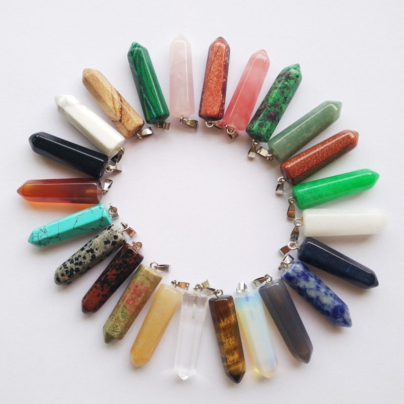 24pcs/lot 2019    Assorted Natural Stone Pendants Point Charms hexagonal pillar pendant