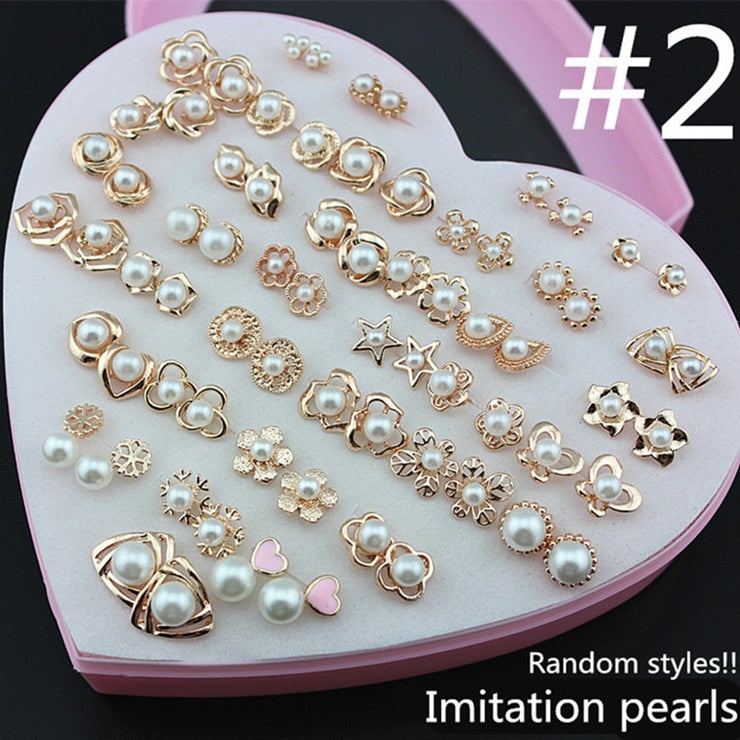 Wholesale 36 pairs/lot Girl Women's Lady Charming Rose Gold Earrings Mixed Colors Shiny Zircon Ear Stud Earrings Gift With Box