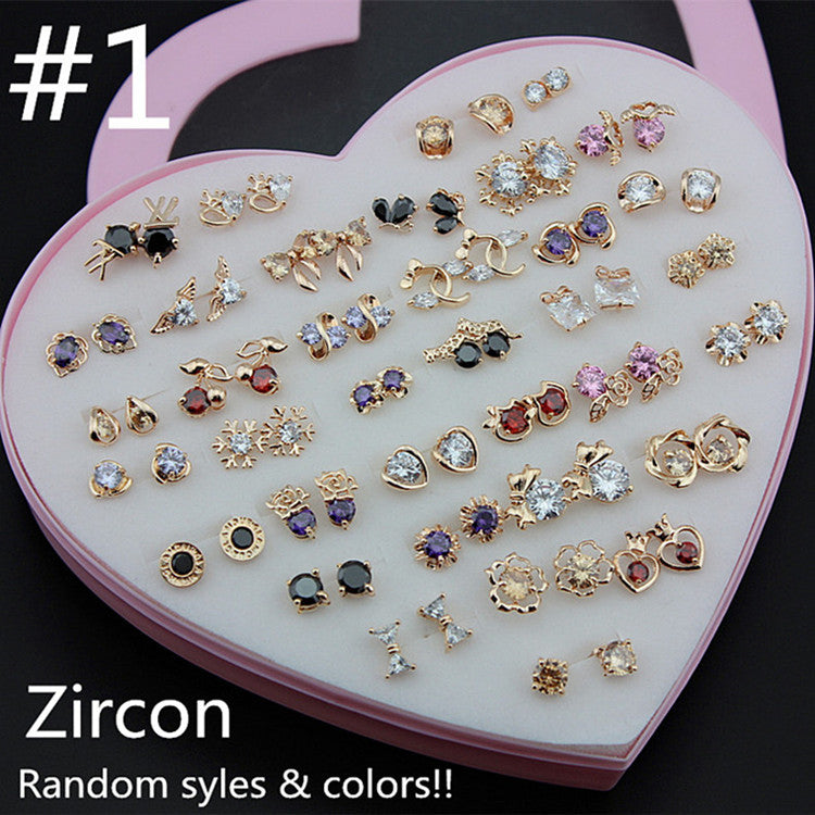 Wholesale 36 pairs/lot Girl Women's Lady Charming Rose Gold Earrings Mixed Colors Shiny Zircon Ear Stud Earrings Gift With Box