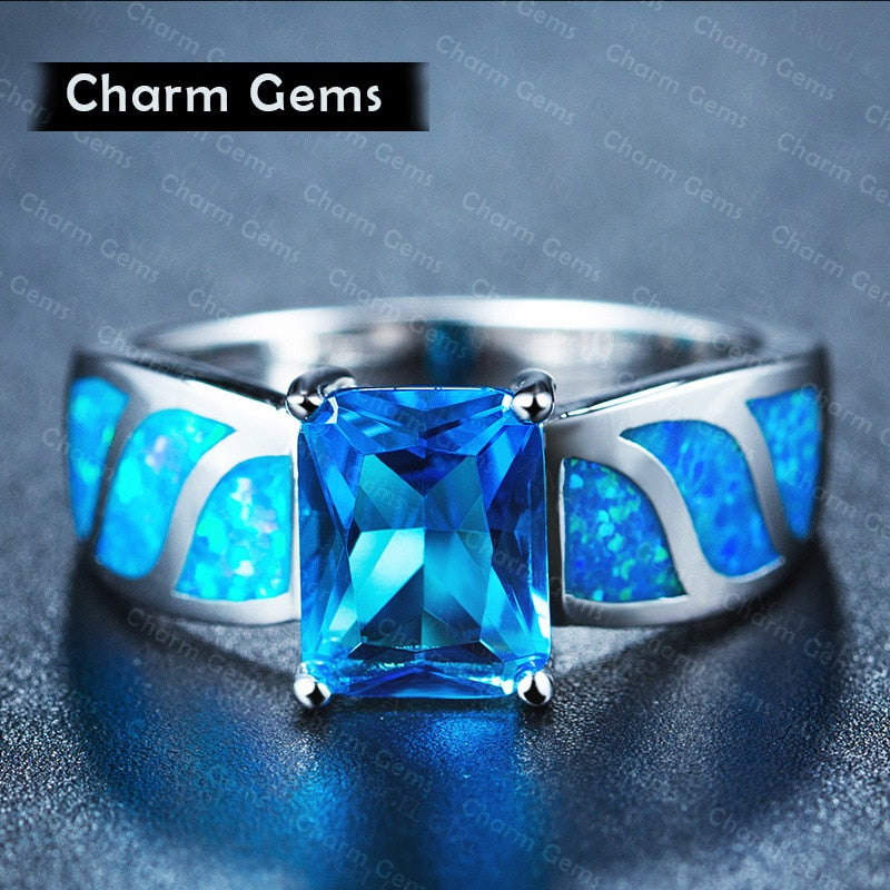 Wholesale Beautiful Cute Simple Jewelry blue Fire Opal cz Champagne Crystal from Austrian Ring For Women Christmas gifts