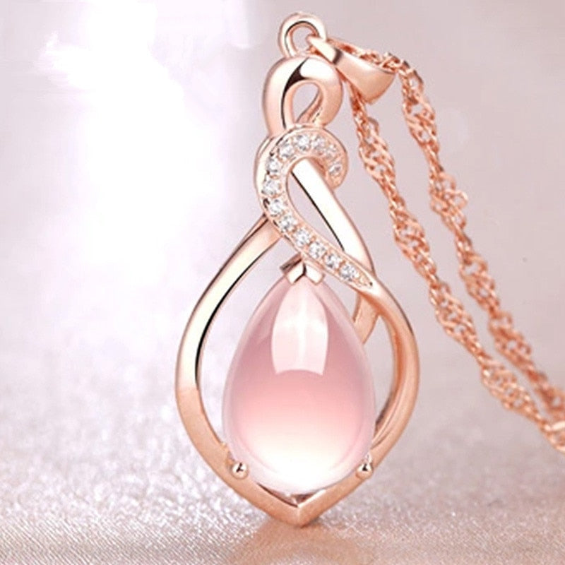 CZ Crystal Pink Opal Pendant Necklace Chokers Rose Gold Color for Women Girls Ross Quartz Cute Gift