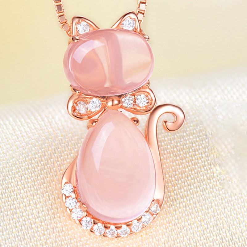 CZ Crystal Pink Opal Pendant Necklace Chokers Rose Gold Color for Women Girls Ross Quartz Cute Gift