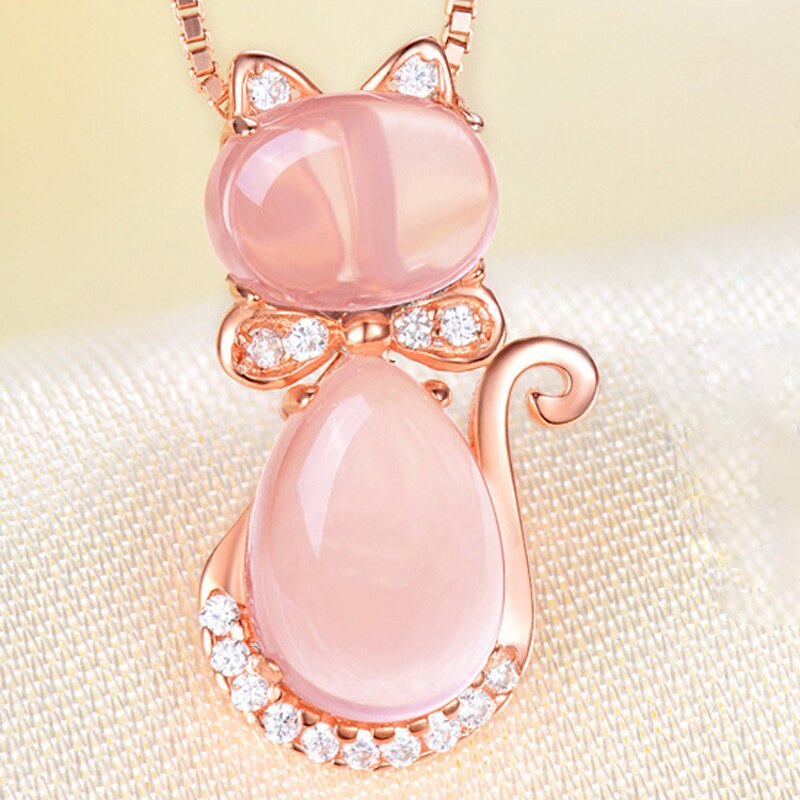 CZ Crystal Pink Opal Pendant Necklace Chokers Rose Gold Color for Women Girls Ross Quartz Cute Gift