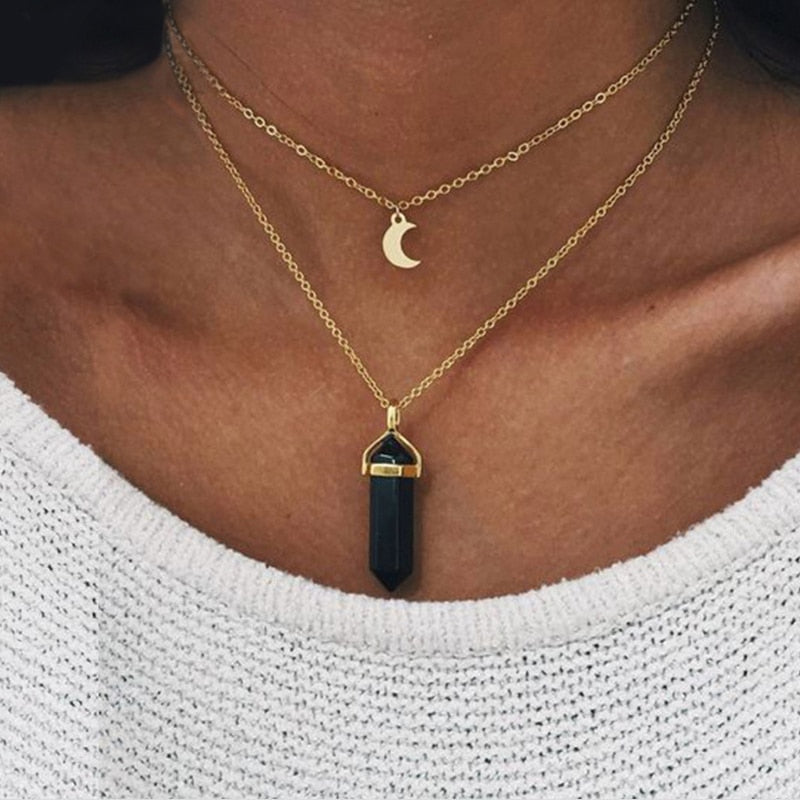Bohemia 1 PCS Natural Stone Moon Choker Gold Color Crystal Pendant Necklace For Women Wedding Party Gift