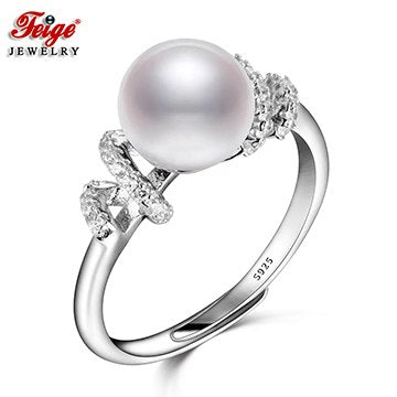 Wholesale Genuine 925 Sterling Silver Ring for Women Engagement Jewelry Gifts 8-9MM White Pearl Charms Rings FEIGE