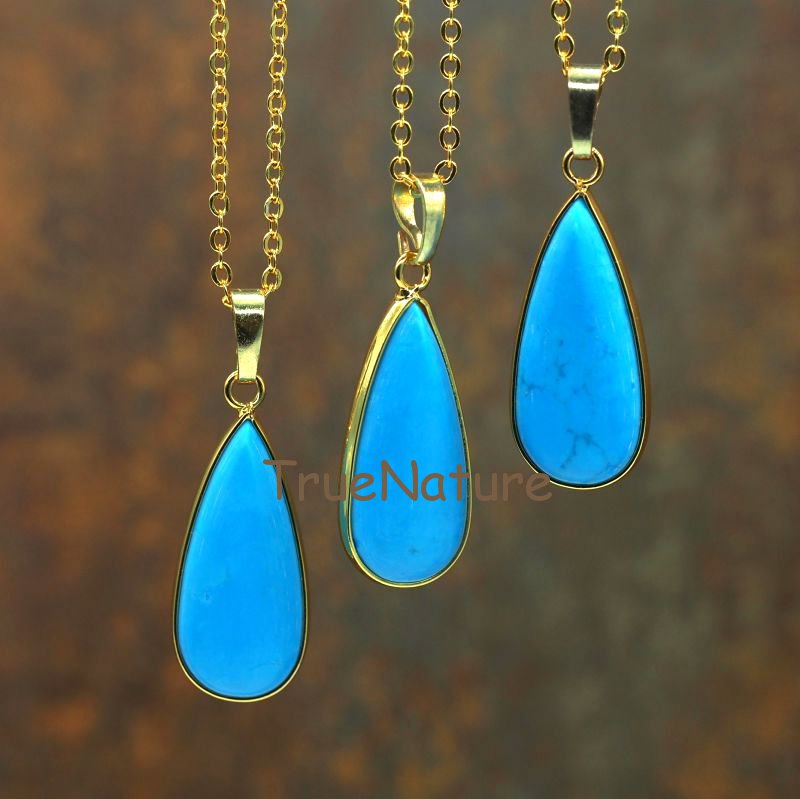 Wholesale Gold Finish Chains Cop Turquoises Water Drop Pendant Charm Necklace For Women In 16-32 Inch NM5774