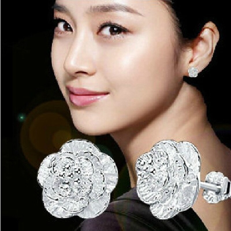 925 Stamp Silver Color Earrings Pretty Flower Stud Earring Women Wedding Fine Jewelry Engagement Gift