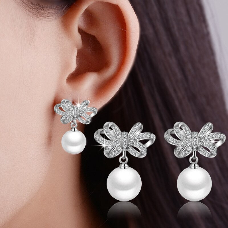 925 Stamp Silver Color Pearl Earrings Bowknot Cross Stud  Women Wedding Fine Jewelry Christmas Gift