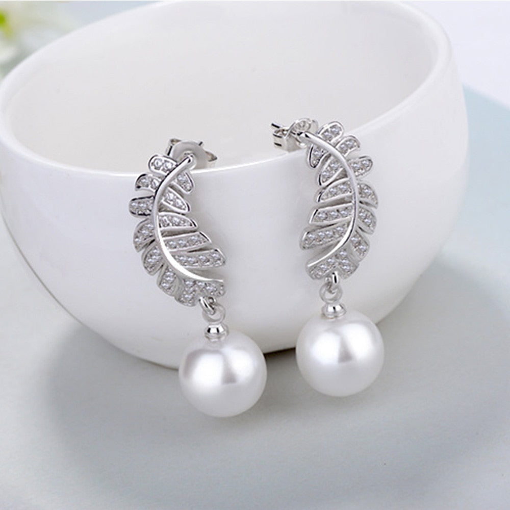 925 Stamp Silver Color Pearl Earrings Long Feather Stud Earring Women Wedding Fine Jewelry Christmas