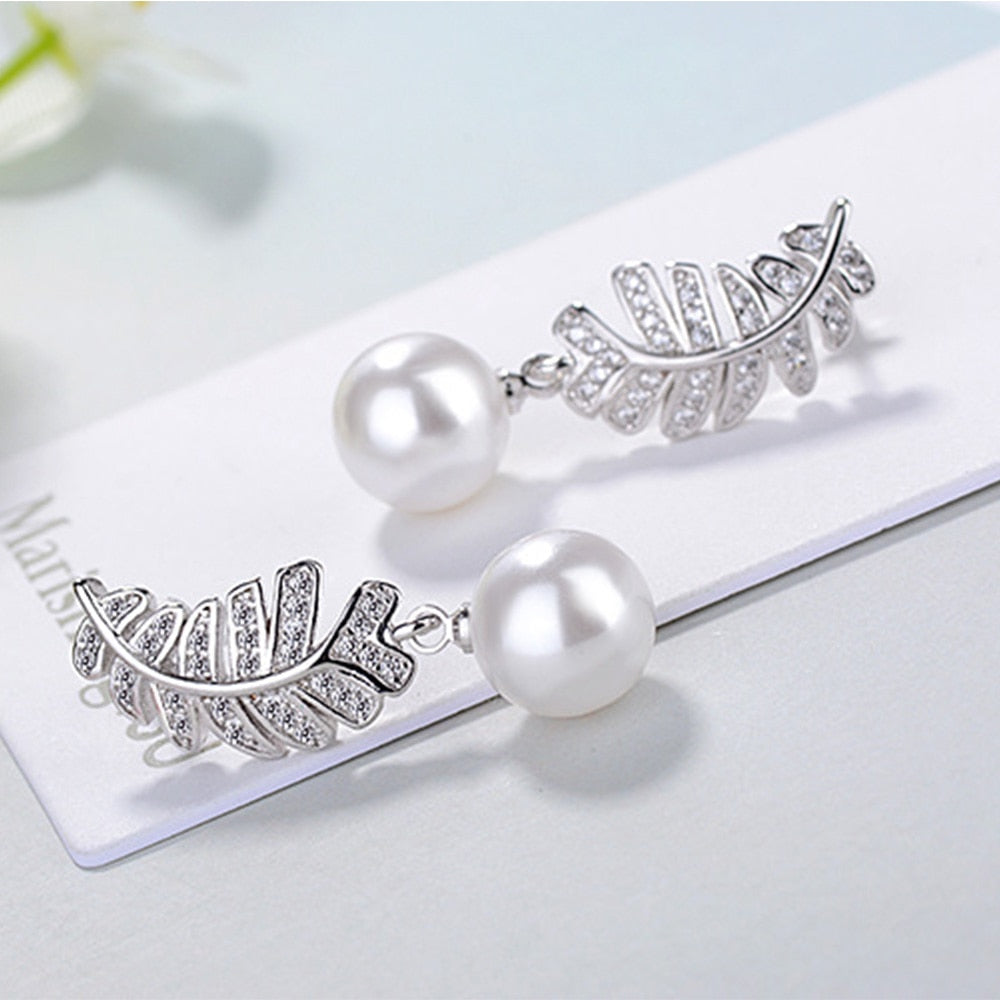 925 Stamp Silver Color Pearl Earrings Long Feather Stud Earring Women Wedding Fine Jewelry Christmas