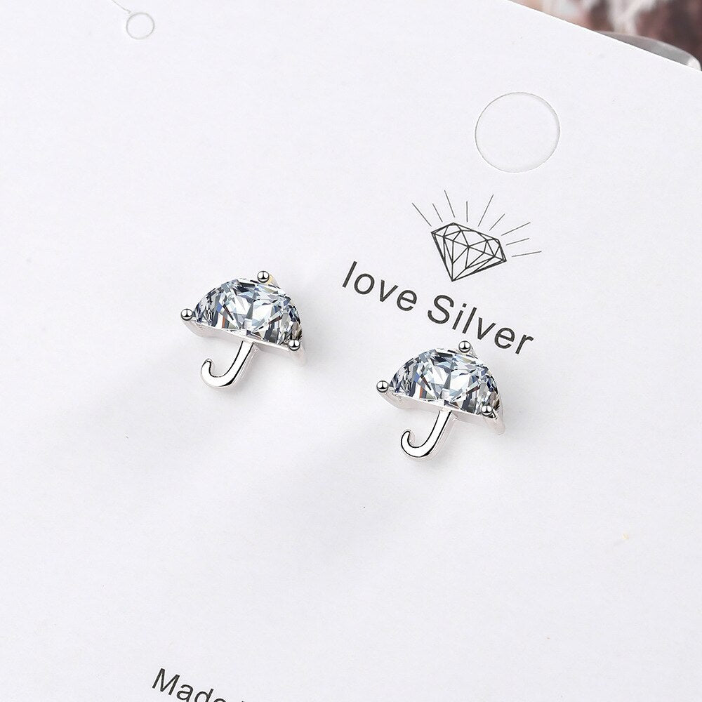 925 Stamp Silver Color Zircon Earrings Mini Umbrella Studs Earring Women Wedding Jewelry Engagement
