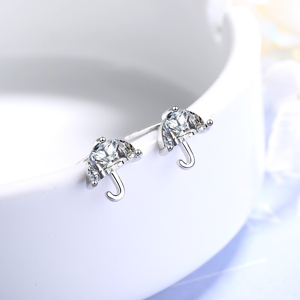 925 Stamp Silver Color Zircon Earrings Mini Umbrella Studs Earring Women Wedding Jewelry Engagement