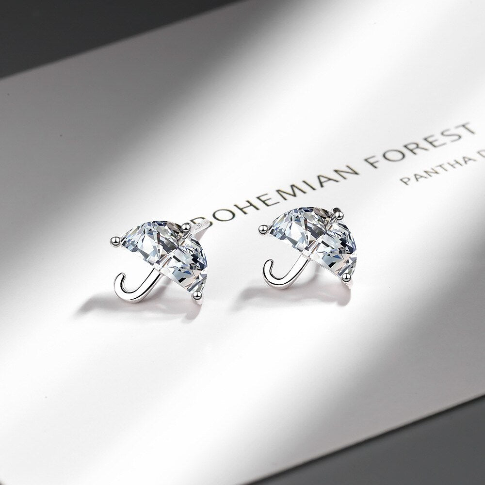 925 Stamp Silver Color Zircon Earrings Mini Umbrella Studs Earring Women Wedding Jewelry Engagement