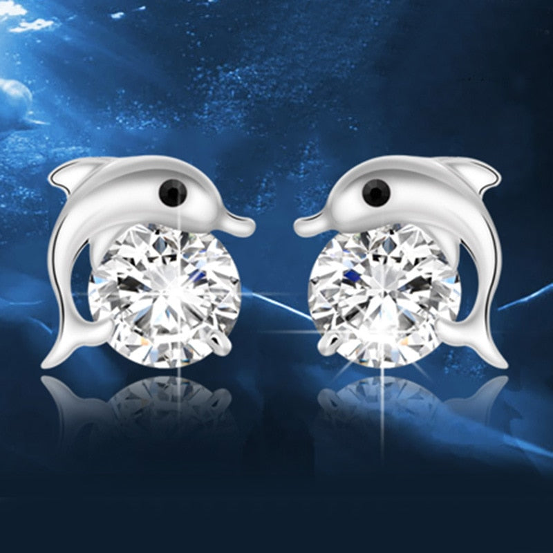 925 Stamp Silver Color Zircon Earrings Pretty Dolphin Studs Earring Women Wedding Fine Jewelry Christmas Gift