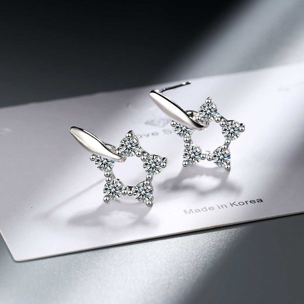 925 Stamp Silver Color Zircon Earrings Round Hollow Star Studs Earring Women Wedding Fine Jewelry Gift
