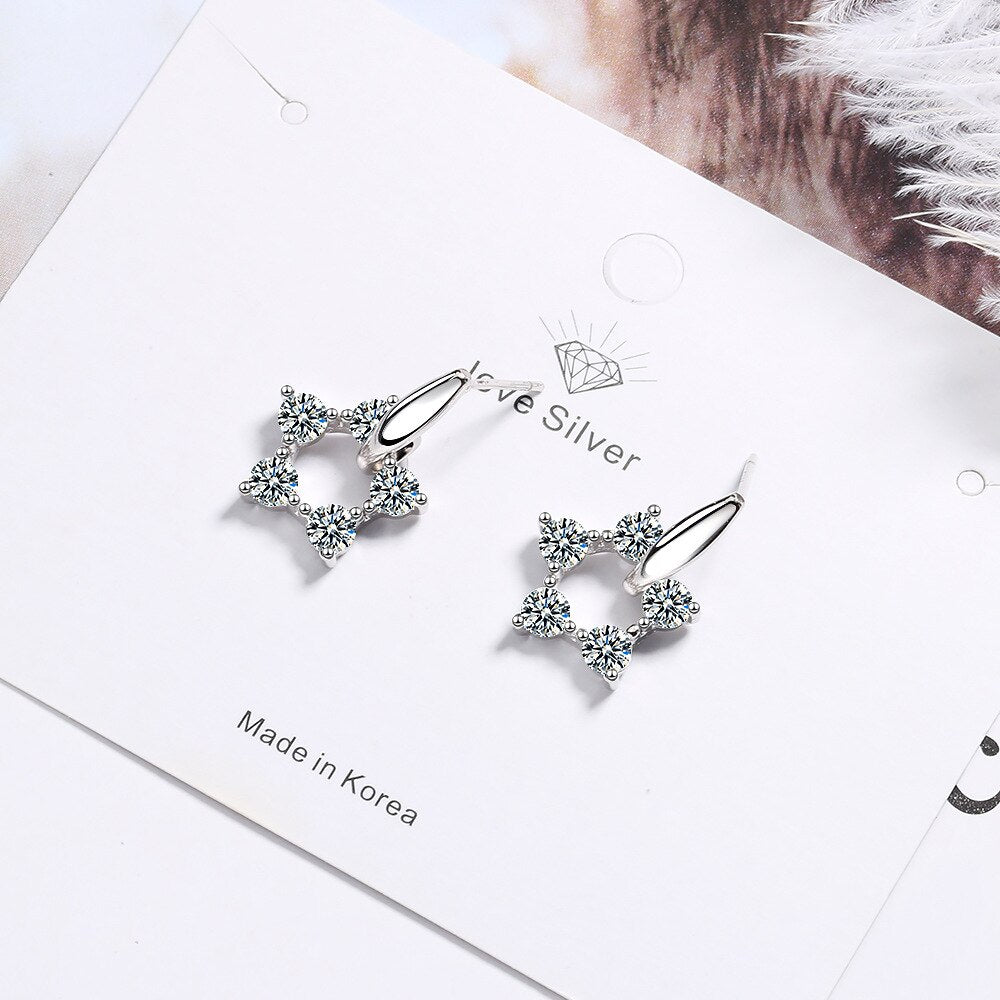 925 Stamp Silver Color Zircon Earrings Round Hollow Star Studs Earring Women Wedding Fine Jewelry Gift