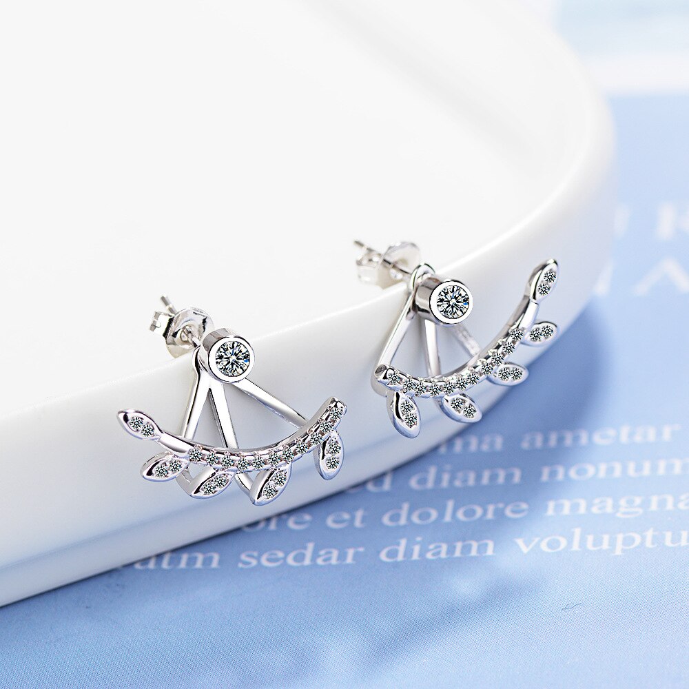 925 Stamp Silver Color Zircon Earrings Whirl Leaf Cymbiform Stud Earring Women Wedding Fine Jewelry