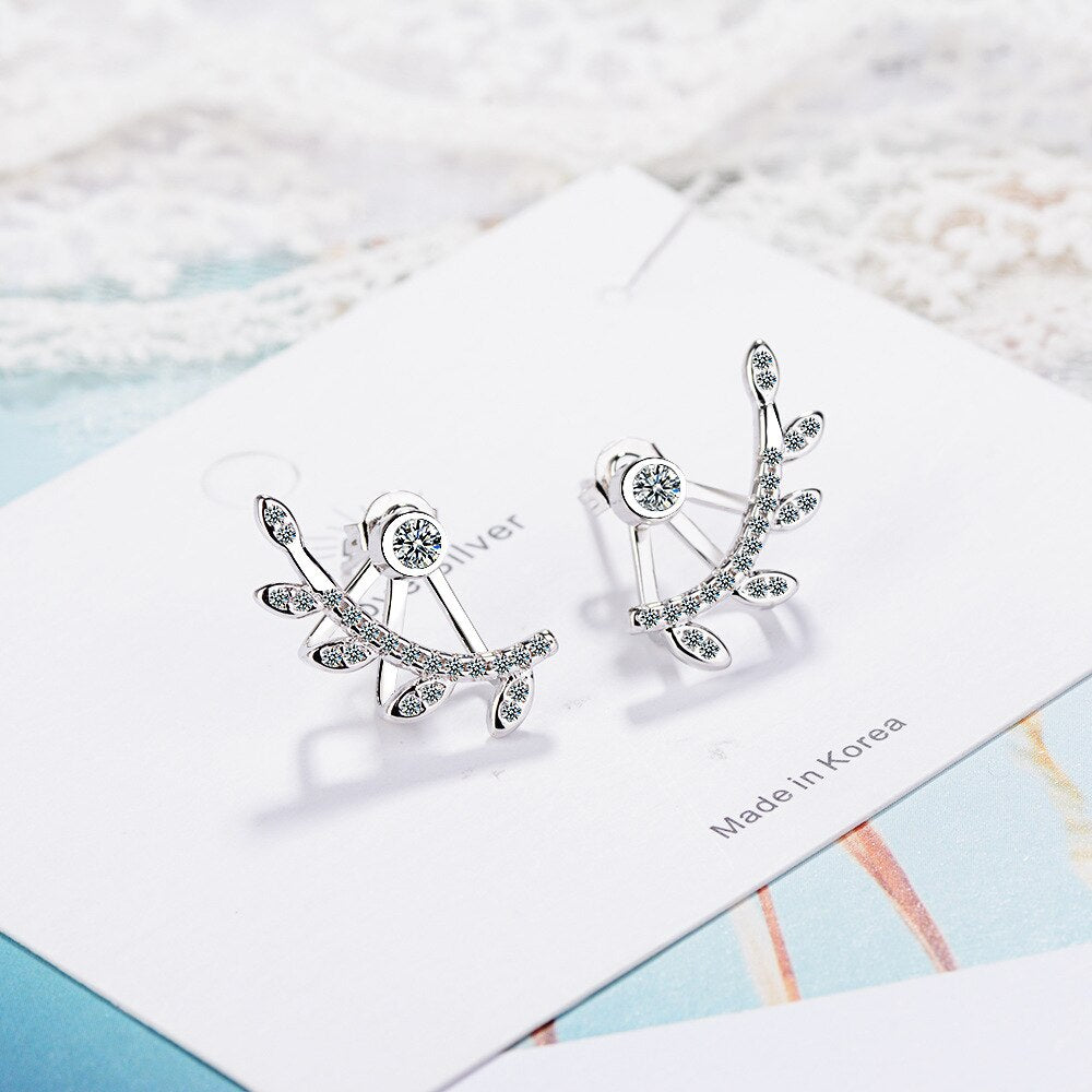 925 Stamp Silver Color Zircon Earrings Whirl Leaf Cymbiform Stud Earring Women Wedding Fine Jewelry