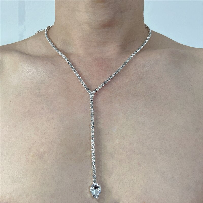 Woman Exquisite Zircon Necklace Collar Sexy Y Statement Rhinestone Long Tassel Necklace Party Jewelry