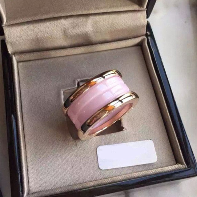 Wholesale Luxury brand logo Classic pink ceramic ring silver & gold color Bulgaria rings for women men fashion jewelry gift