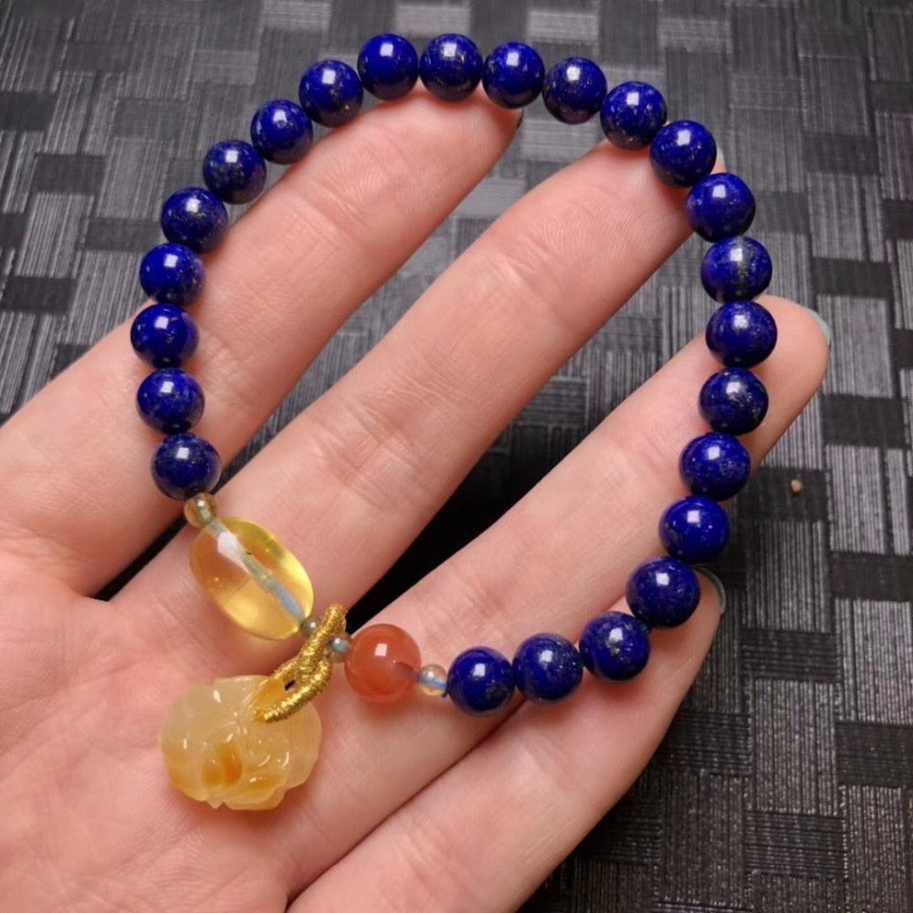 Wholesale Natural Lapis lazuli Stone with Natural Baltic Blood Amber Pendant Bracelet Women Fashion Jewelry Supplier