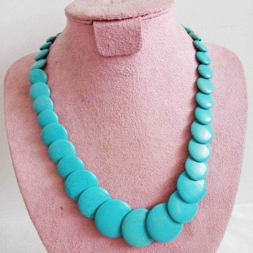 Wholesale Natural Stone Blue Turquoises Coin Beads Crystal Long Necklace Big Chunky Turquoises Necklaces