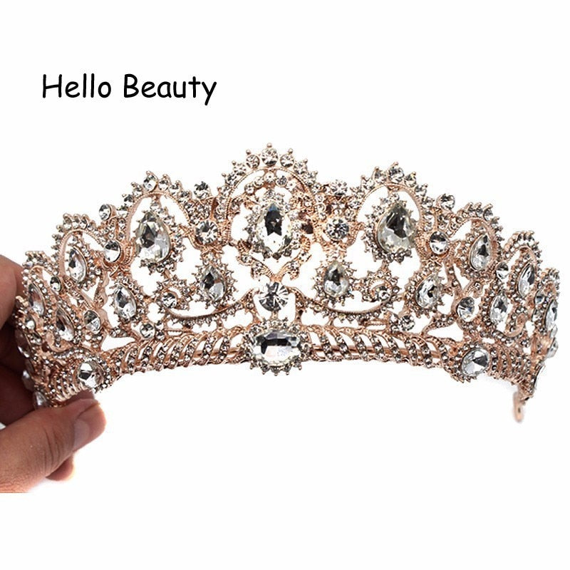 Wholesale Rose Gold Pink Vintage Baroque Queen King Hair Jewelry Pearl Crystal Tiara And Crown Headband For Women Bride Wedding