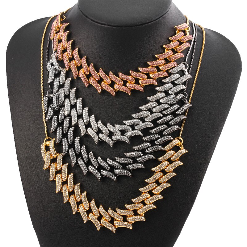 Silver Color Necklace Men Necklace Iced Out Chain Bling Rhinestone Miami Cuban Link Chain Necklace Hip hop Jewelry