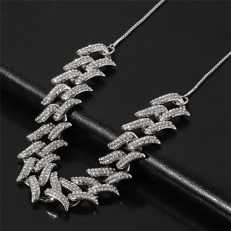 Silver Color Necklace Men Necklace Iced Out Chain Bling Rhinestone Miami Cuban Link Chain Necklace Hip hop Jewelry