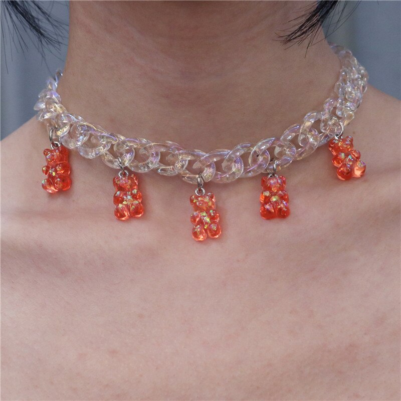 Statement Multicolor Rainbow Transparent Bear Necklace Bohemian Summer Cute Candy Color Resin Bear Collar Necklaces