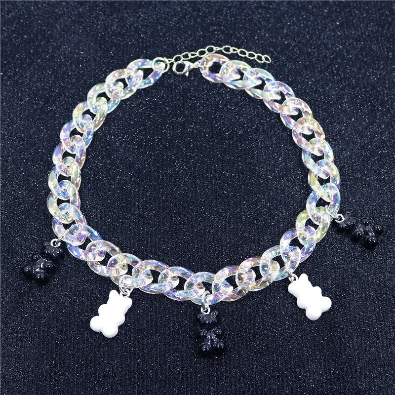 Statement Multicolor Rainbow Transparent Bear Necklace Bohemian Summer Cute Candy Color Resin Bear Collar Necklaces