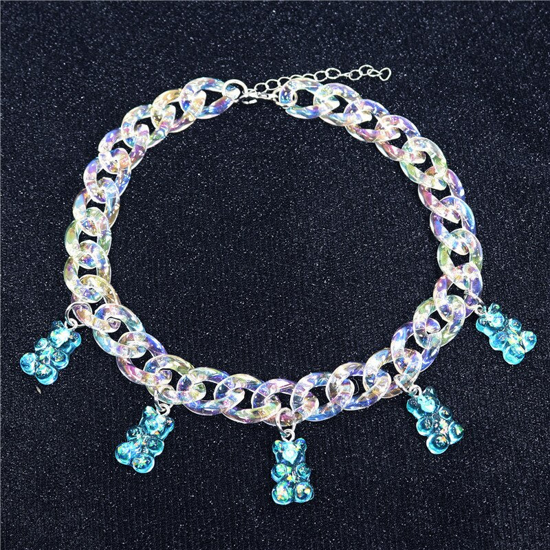 Statement Multicolor Rainbow Transparent Bear Necklace Bohemian Summer Cute Candy Color Resin Bear Collar Necklaces