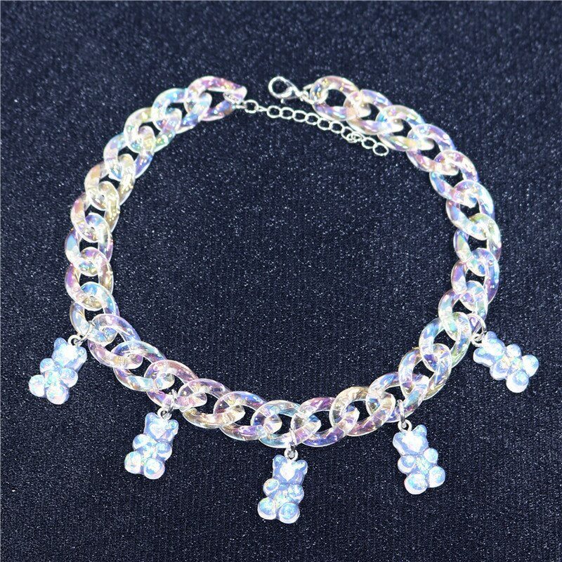 Statement Multicolor Rainbow Transparent Bear Necklace Bohemian Summer Cute Candy Color Resin Bear Collar Necklaces