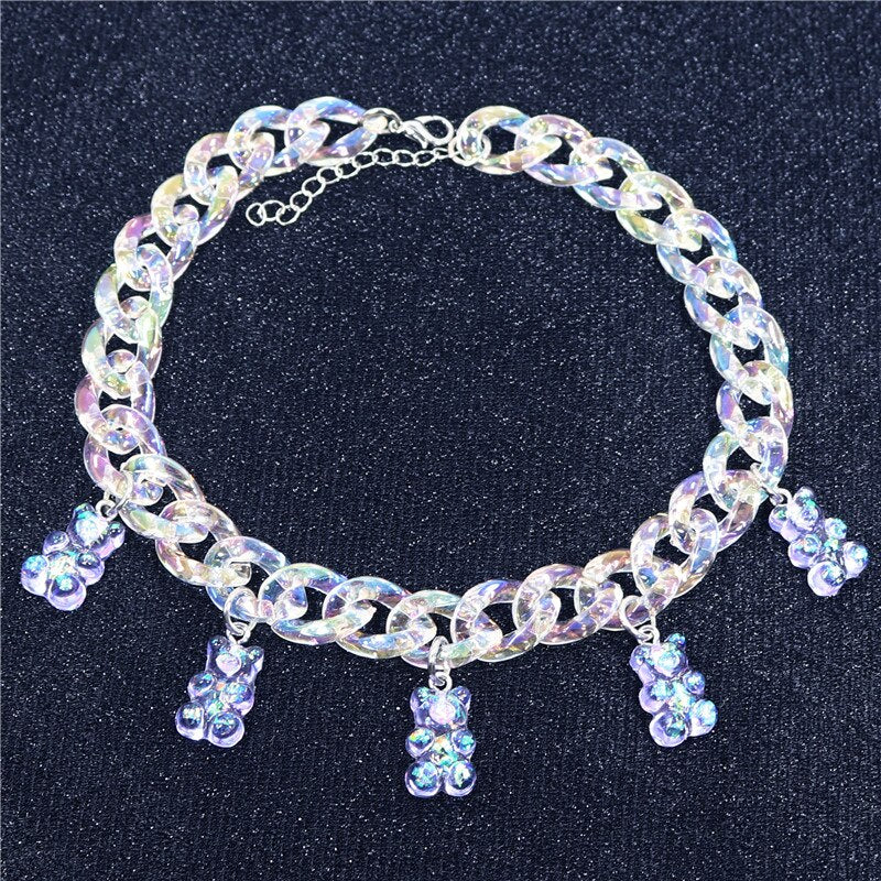 Statement Multicolor Rainbow Transparent Bear Necklace Bohemian Summer Cute Candy Color Resin Bear Collar Necklaces