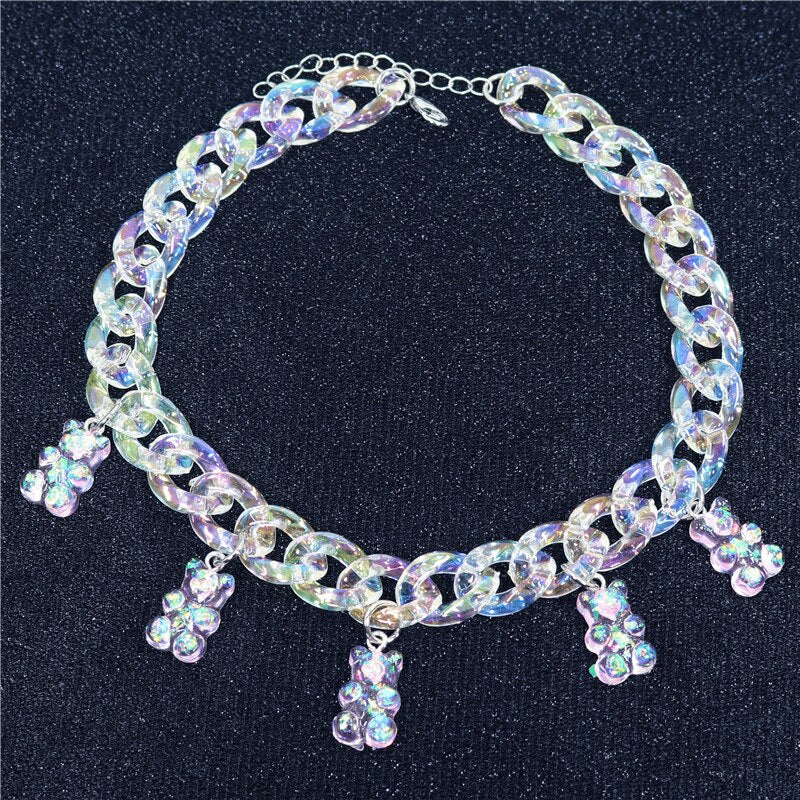 Statement Multicolor Rainbow Transparent Bear Necklace Bohemian Summer Cute Candy Color Resin Bear Collar Necklaces