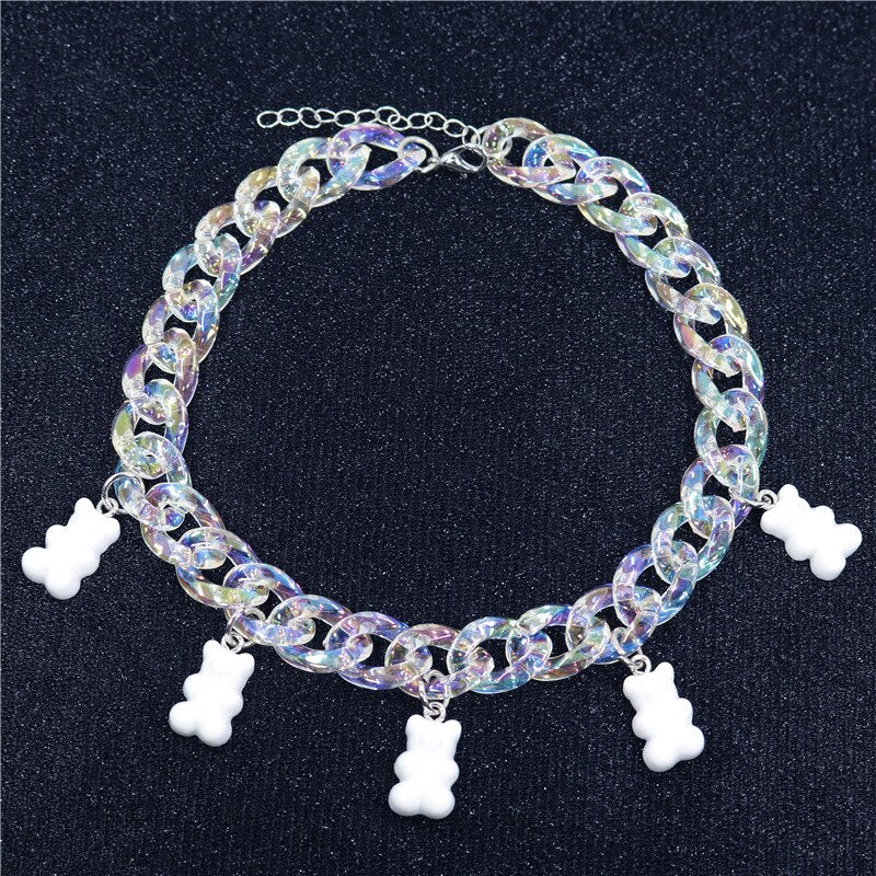 Statement Multicolor Rainbow Transparent Bear Necklace Bohemian Summer Cute Candy Color Resin Bear Collar Necklaces