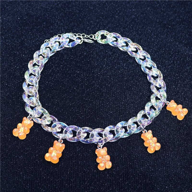 Statement Multicolor Rainbow Transparent Bear Necklace Bohemian Summer Cute Candy Color Resin Bear Collar Necklaces