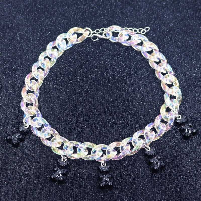 Statement Multicolor Rainbow Transparent Bear Necklace Bohemian Summer Cute Candy Color Resin Bear Collar Necklaces