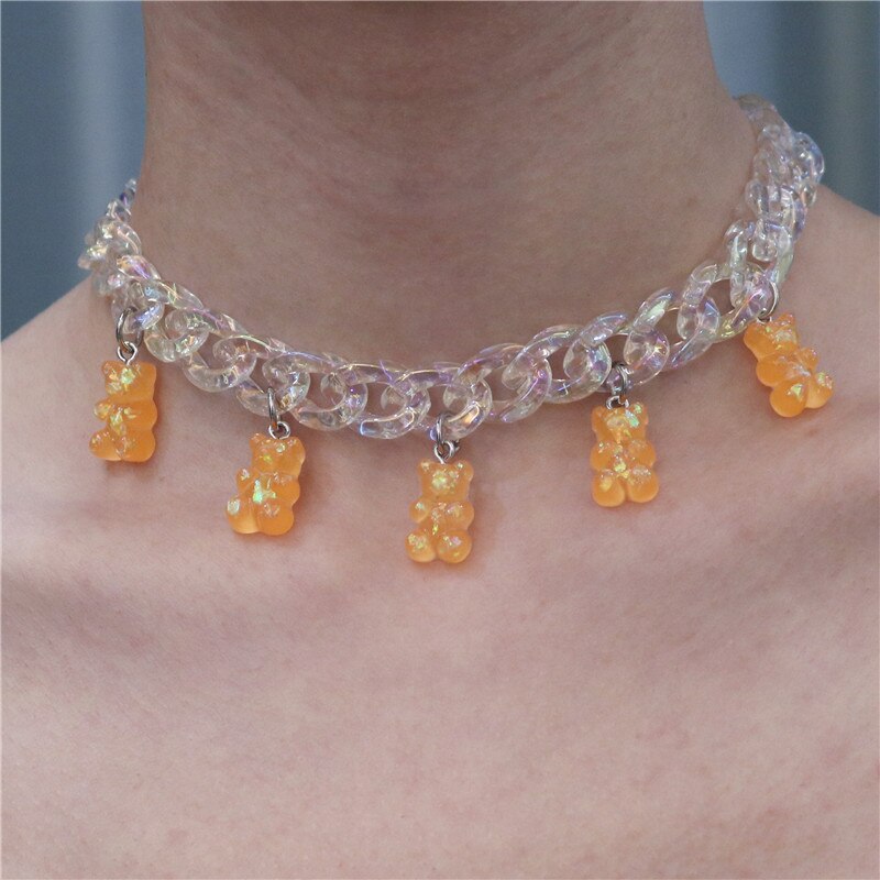 Statement Multicolor Rainbow Transparent Bear Necklace Bohemian Summer Cute Candy Color Resin Bear Collar Necklaces
