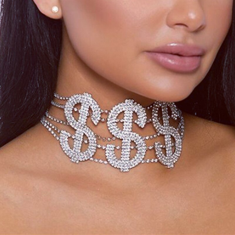 Statement Rhinestone Chain Dollar Necklace Choker for Women Multilayer Chain Choker Crystal Jewelry Party Accessories