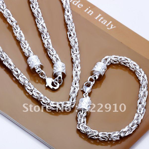 Wholesale Sterling Sliver jewelry Set, Dragon Chain Necklace/Bracelet,Mens Jewelry,Free shipping