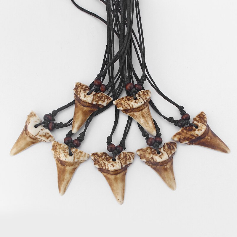 s 6Pcs Faux Yak Bone Brown Shark Tooth Teeth Pendant Necklace Adjustable Surfer Jewellery