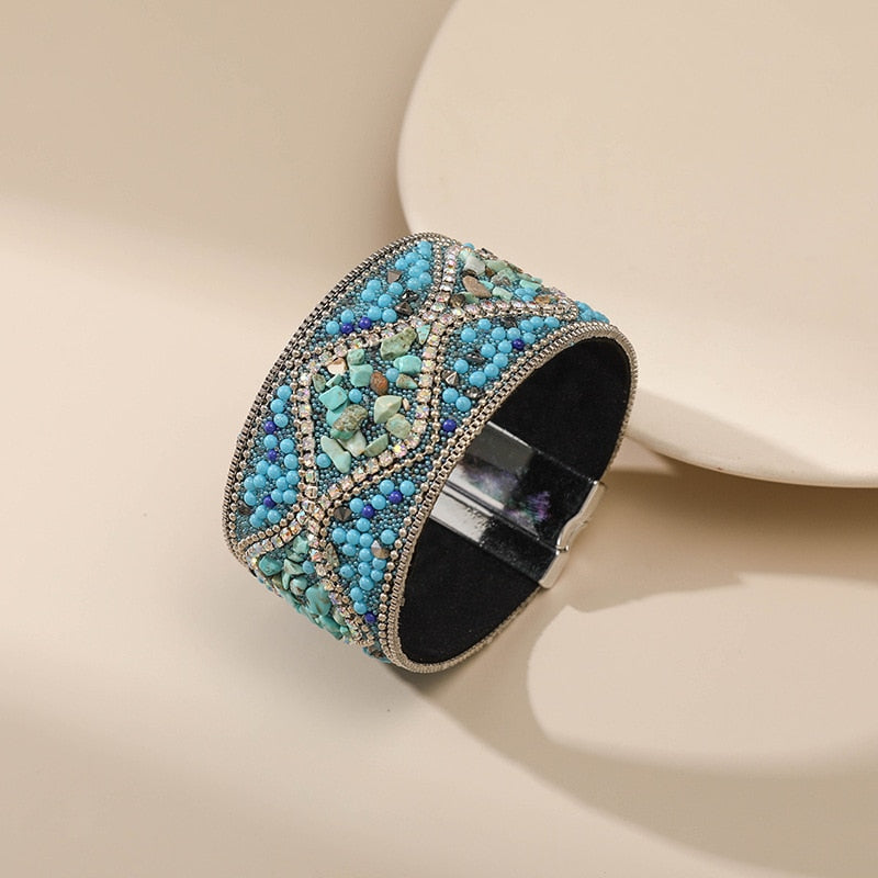 Wide Leather Rhinestones Bracelet&amp;Bangle With Magnetic Clasp Handmade Colorful Crystal Bohemian Leather Jewelry Gift for Women