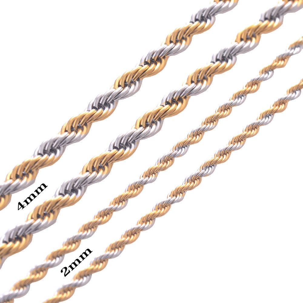 Width 2mm and 4mm Stainless Steel Rope Chain Gold Necklace Statement Swag 316L Stainless Steel Twisted Necklace Gold Chain