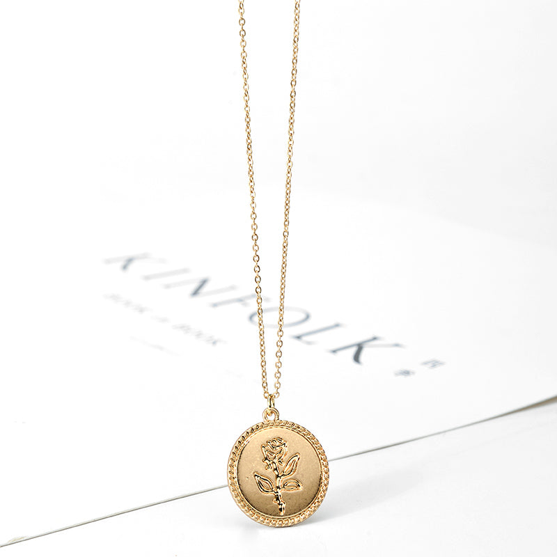 Wild&Free Gold Alloy Round Pendant Necklace for Women Simple Female Long Chain Coin Necklace Rose Flower Collier 2020 Wholesale