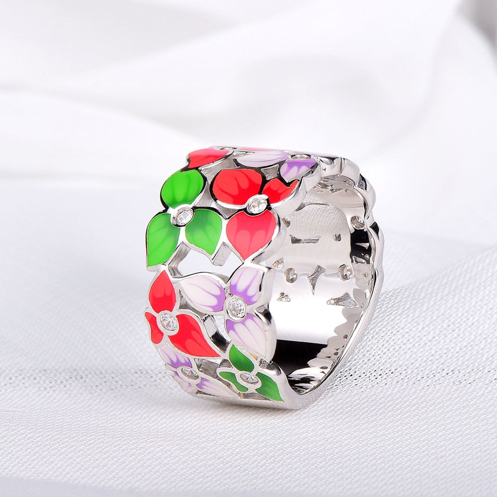 Enamel Silver Flower Ring For Women Boho 925 Sterling Silver Rings Engagement Party Fine Jewelry Anillos De Plata 925