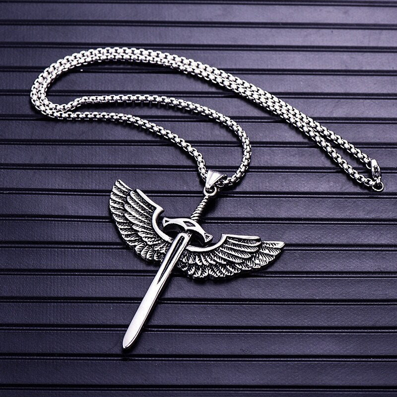 Wing Holy Sword Cross Pendant Necklace Men's Necklace Metal Retro Accessories Religious Amulet Party Jewelry