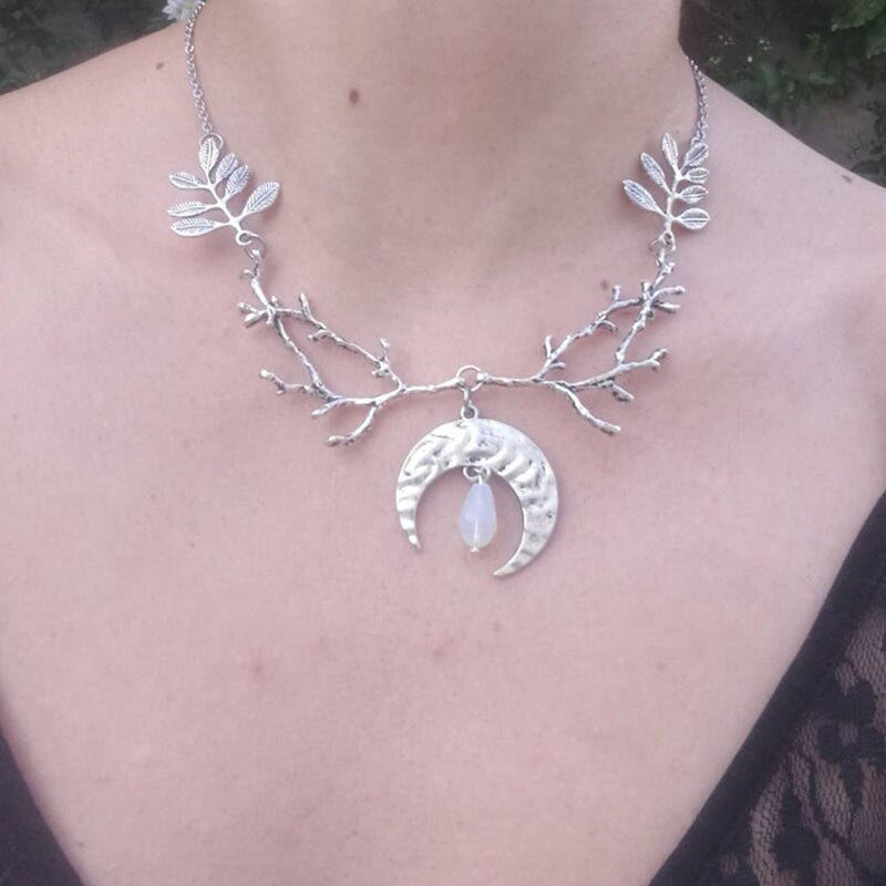 Witch necklace, Woodland jewelry Diana moon goddess necklace, crystal crescent moon necklace