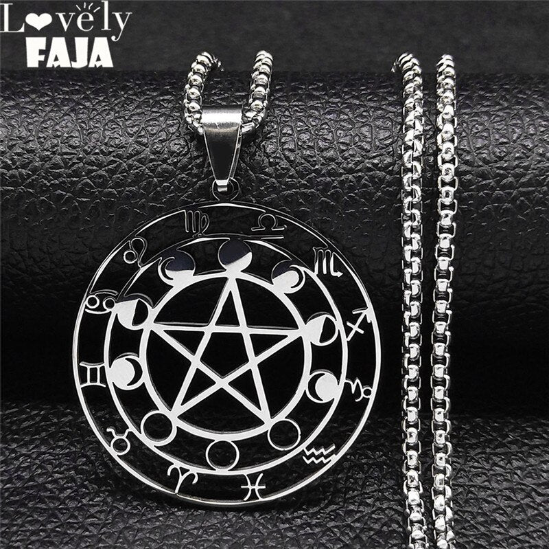 Witchcraft 12 Constellations Pentagram Astrology Stainless Steel Chain Necklaces Silver Color Necklaces Jewelry bijoux N1194S03