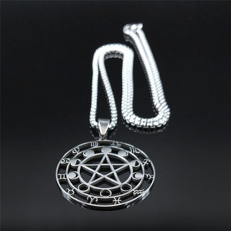 Witchcraft 12 Constellations Pentagram Astrology Stainless Steel Chain Necklaces Silver Color Necklaces Jewelry bijoux N1194S03
